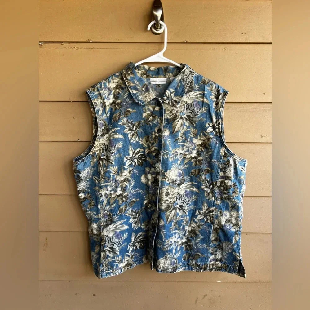 Vintage 90's Floral Button Down Denim Vest - Size XL